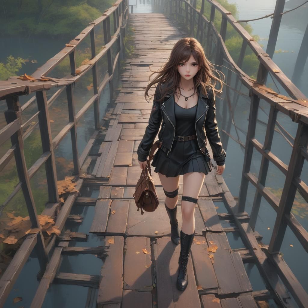 Anime Girl on Broken Bridge in 3D