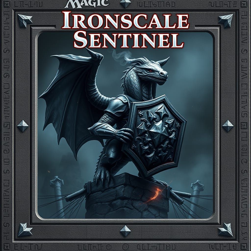 Ethereal Ironscale Sentinel, a Haunting Fantasy Trading Card