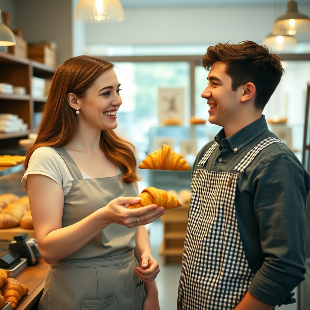 Cozy Bakery Scene: Baker Serves Croissant to Customer