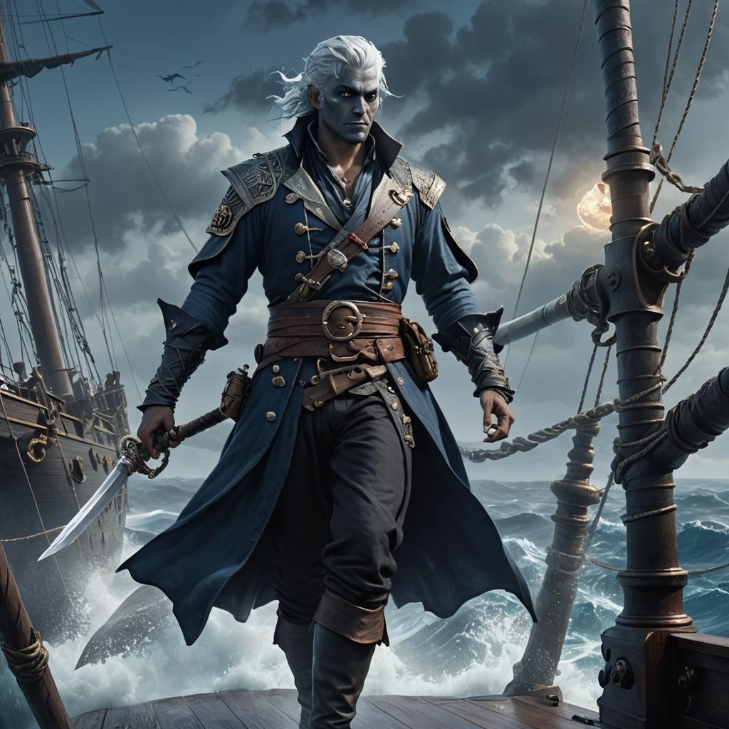 Water Genasi Pirate on Deck in Fantasy Art