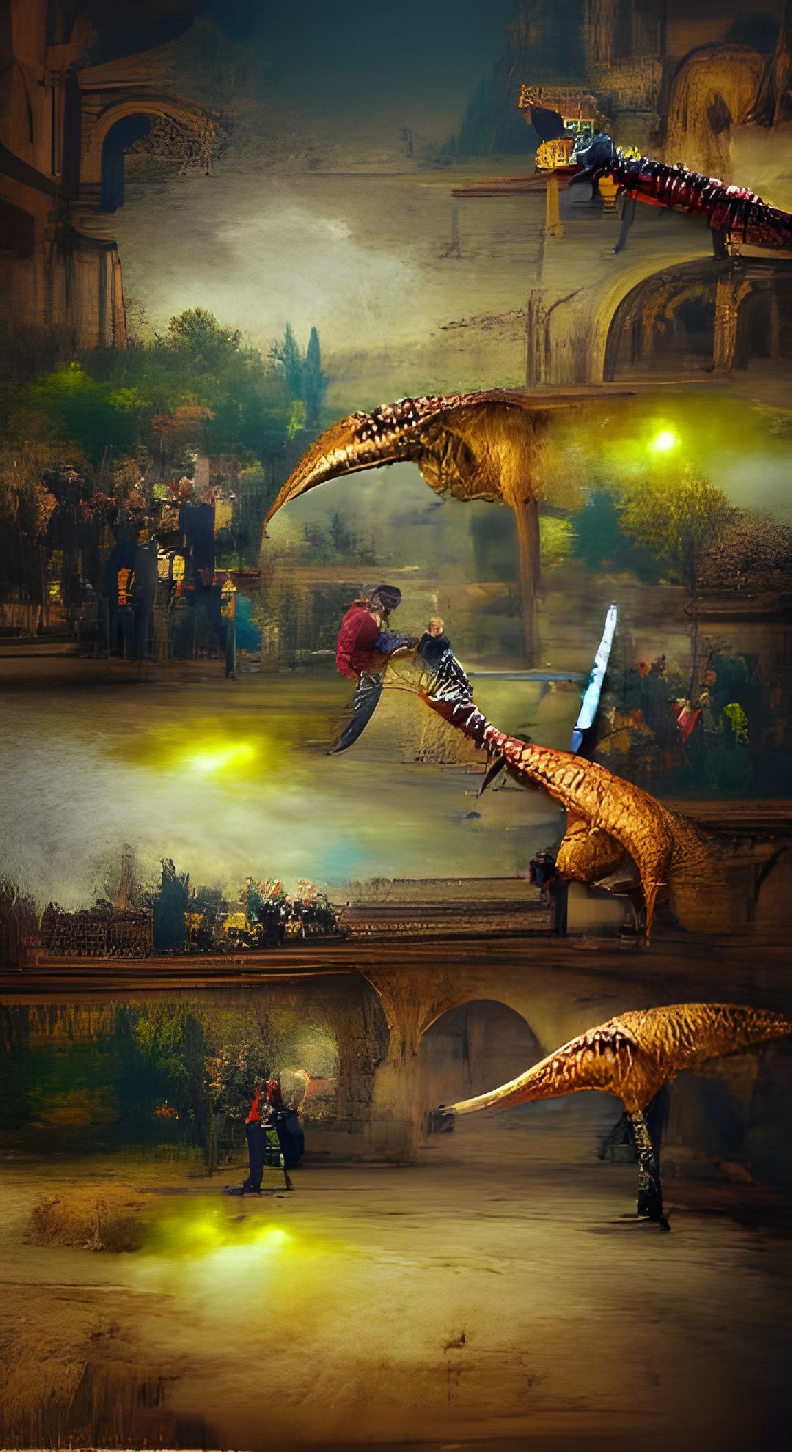 Dinosaur Sword Fight in Renaissance Steampunk Style