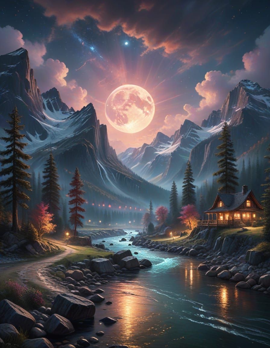 Dreamy Mountain Landscape under a Glowing Moonlit Sky