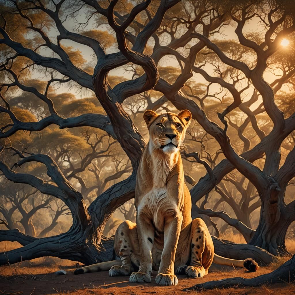 Regal Lioness in Sun-Drenched Savannah: Symbolist Painting