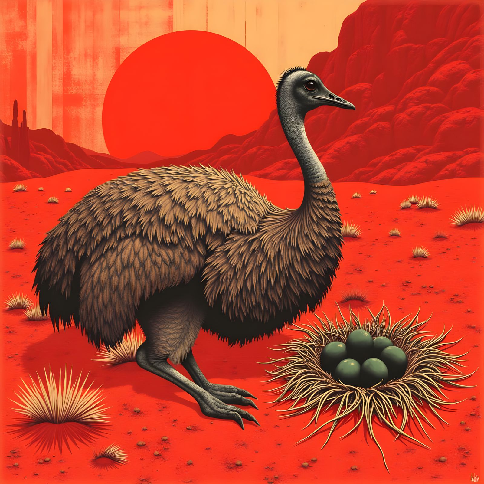 Emu Dad Tends Nest in Sunburnt Country Canyon Sunset
