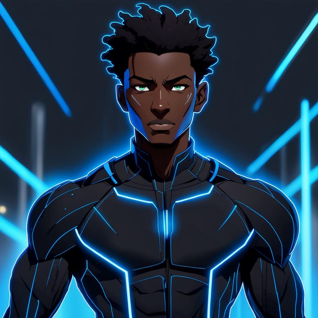 Cinematic Anime Portrait of Sudanese Man in Techno Outfit