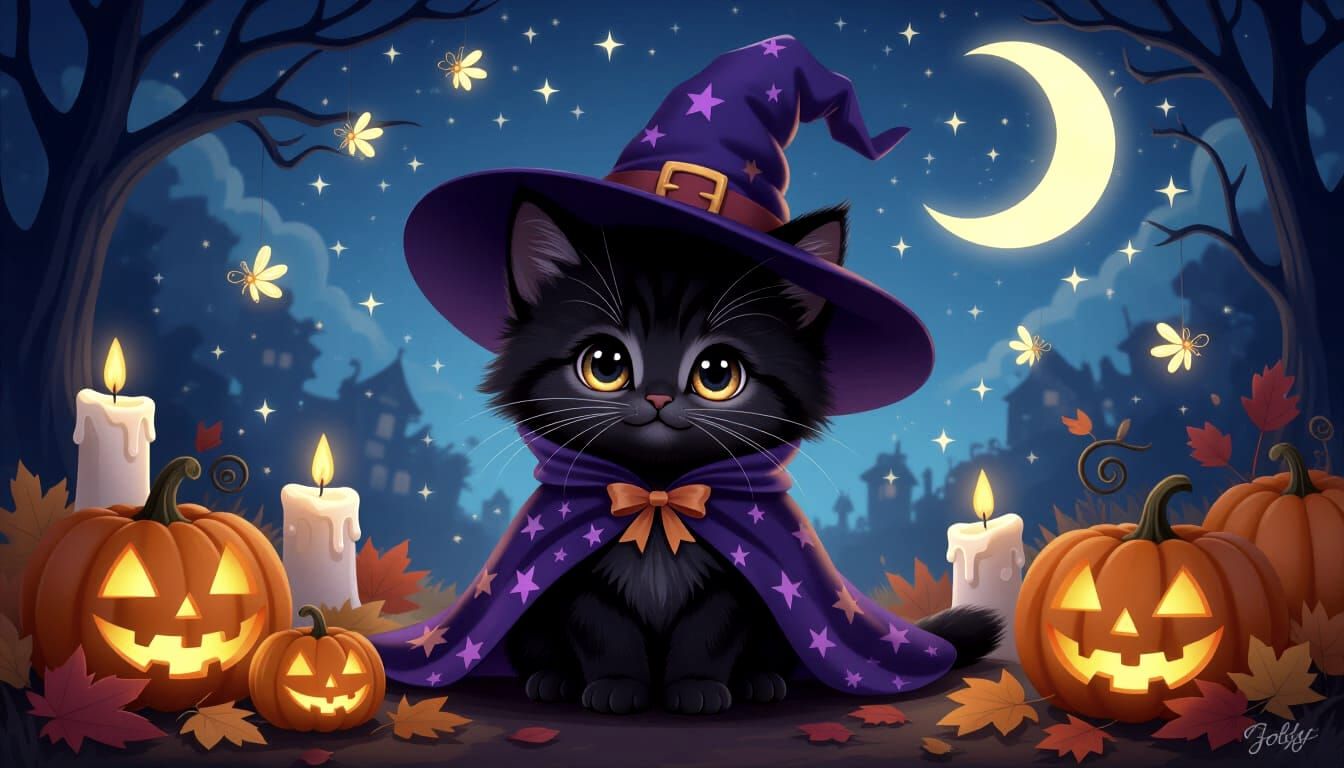 Adorable Witch Kitten in Magical Halloween Setting