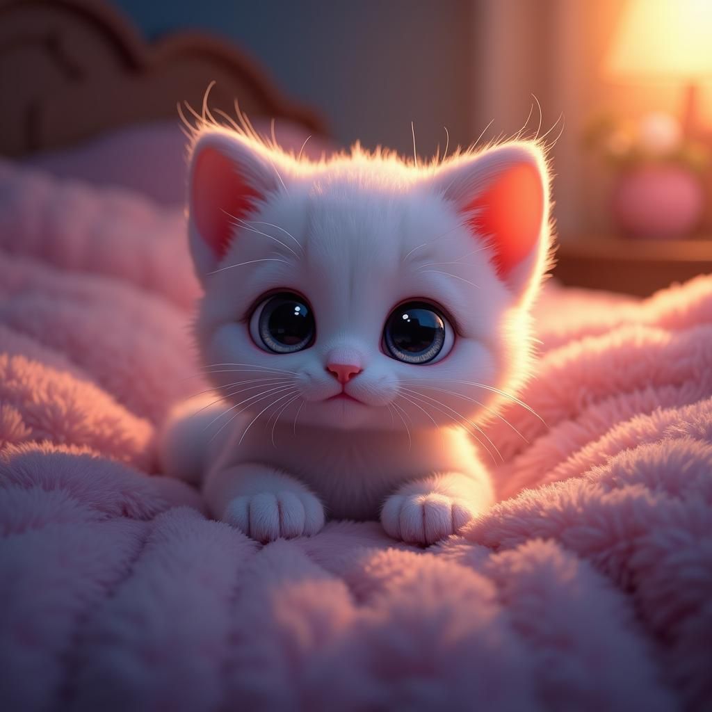 A cute animated kitten with big eyes stretching out paws on ...