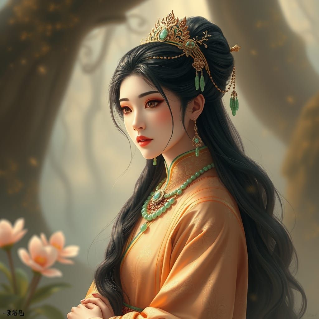 Ethereal Goddess in Golden Silk