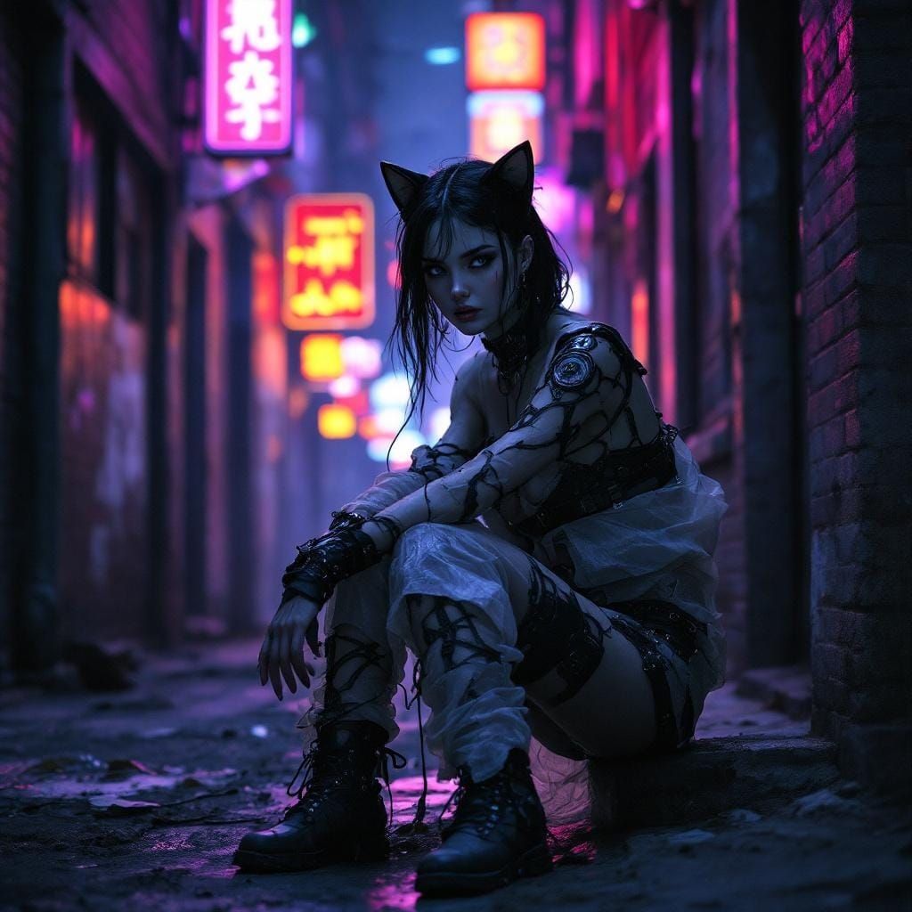 Cybernetic Woman with Cat Ears in Neon Alleyway