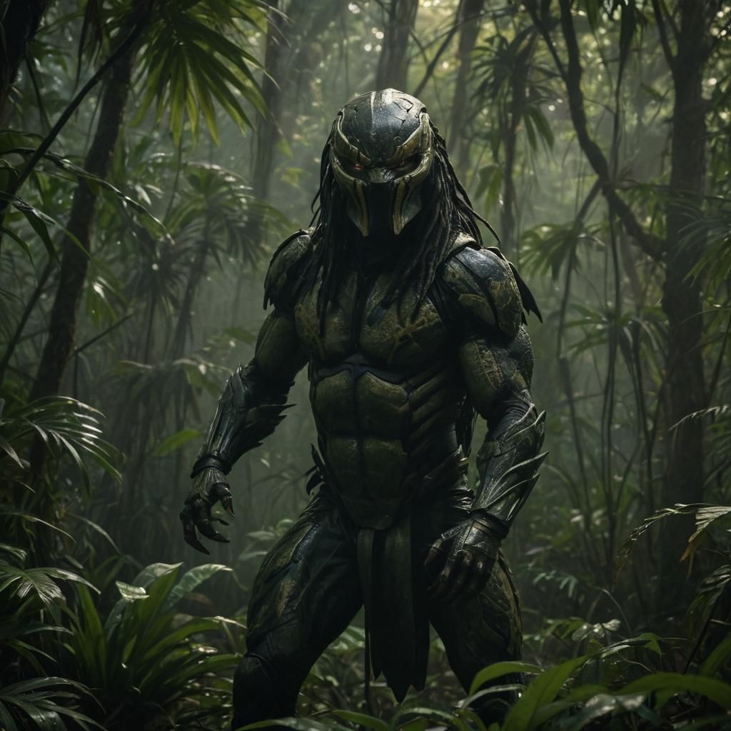 Cloaked Predator Emerges from Jungle in Film Noir Style