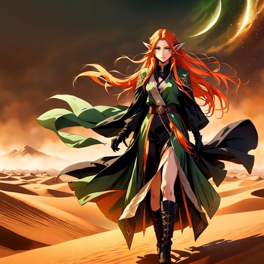 Anime Elf Woman in Desert Sandstorm