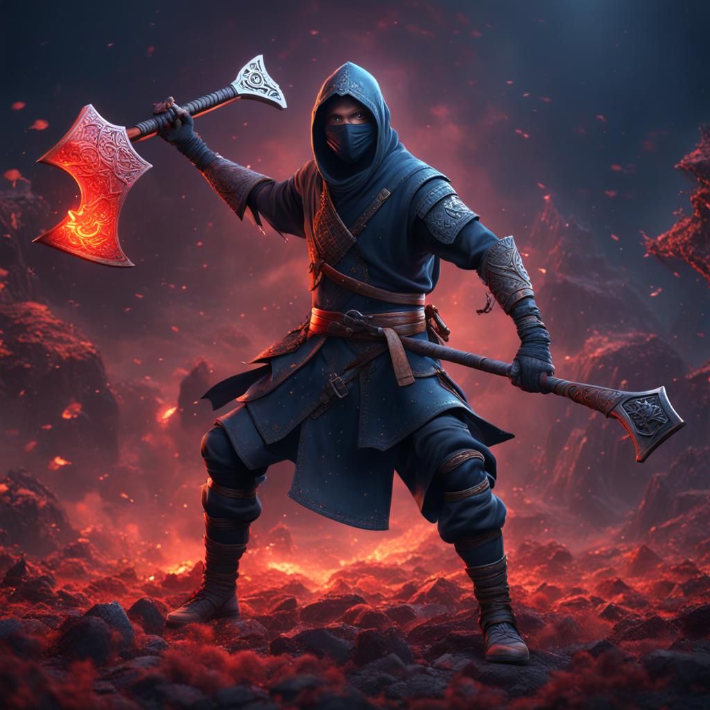 Ninja with Crystal Axe: Detailed Fantasy Art