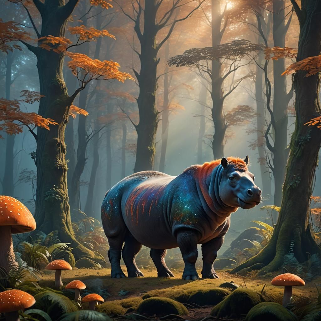 Fantastical Hippopotamus Alpaca Hybrid in Misty German Fores...