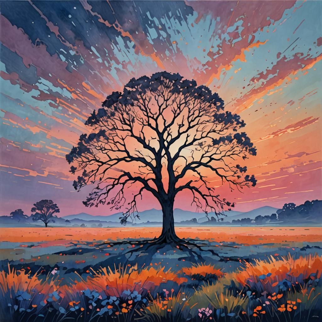 Serene Dawn Landscape: Meadow with Tree and Stream