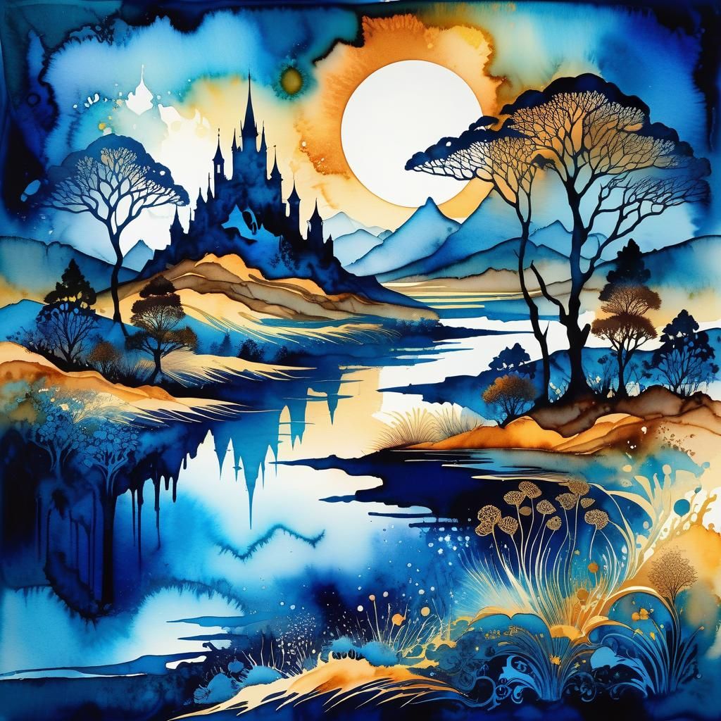 Abstract Ink Landscape in Mixed Media Style