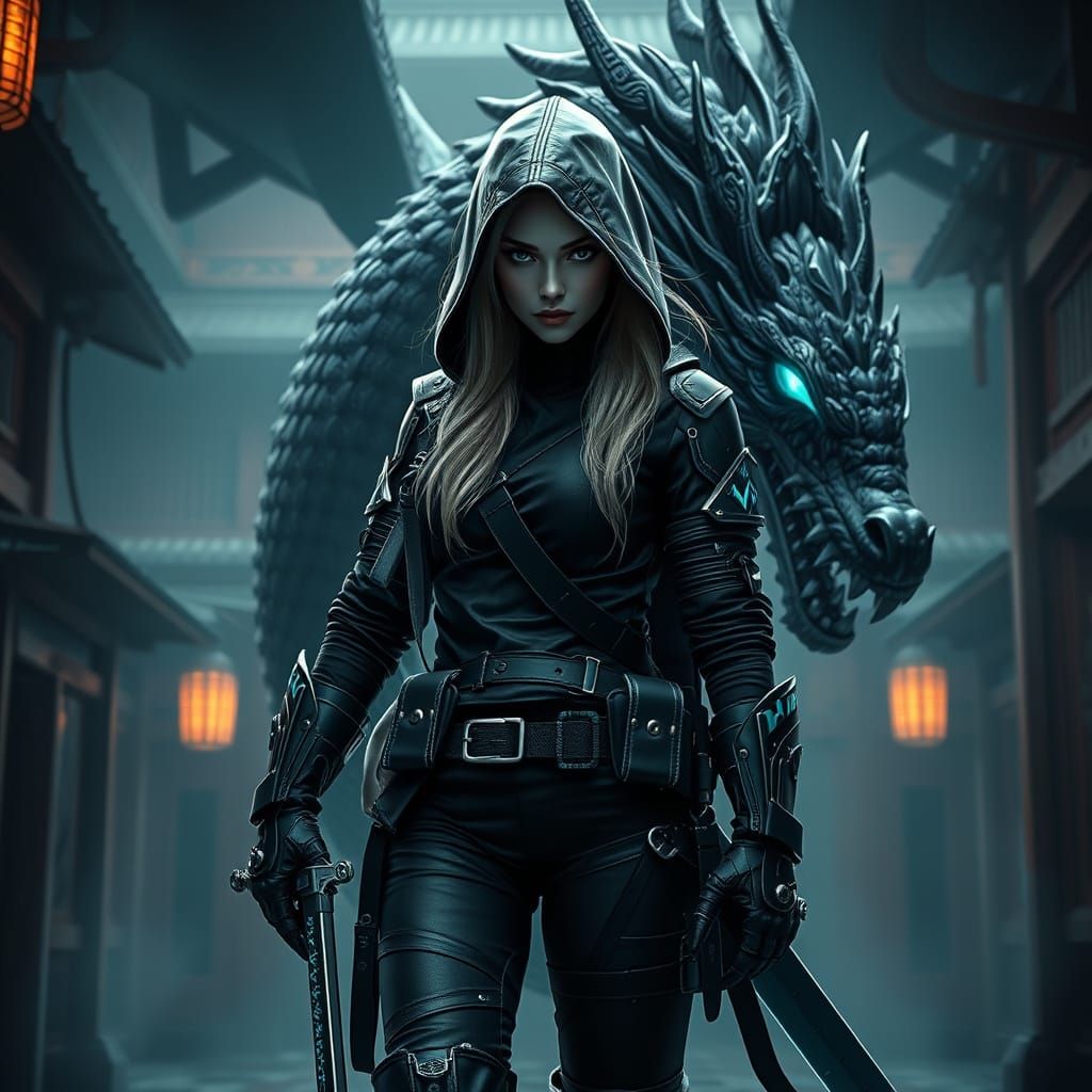 Cyberpunk Assassin in Matte Black Armor, Hoodie, and Turquoi...