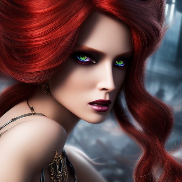 Cyberpunk Goddess with Red Hair in Digital Art