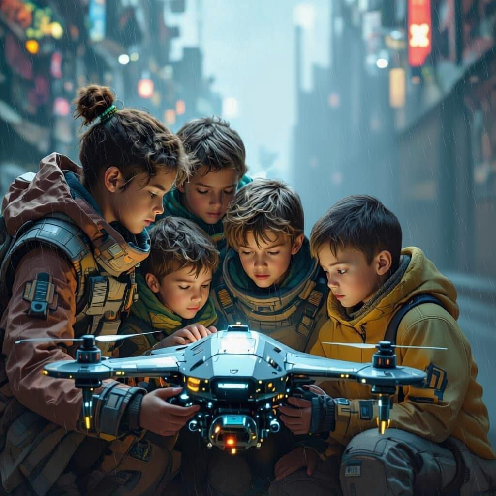 Futuristic Kids Study Drone in Detailed Matte Painting