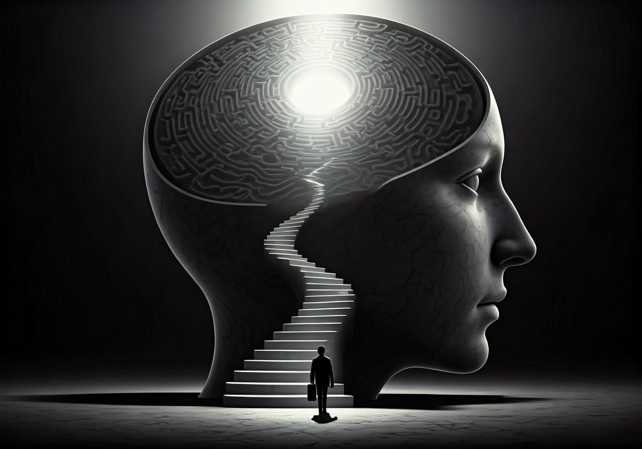 Sculpted Head with Staircase in Black and White