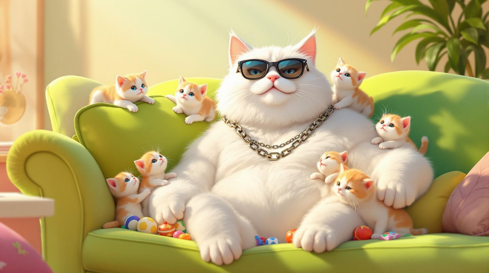 Muscular Cat with Kittens in Digital Painting Style