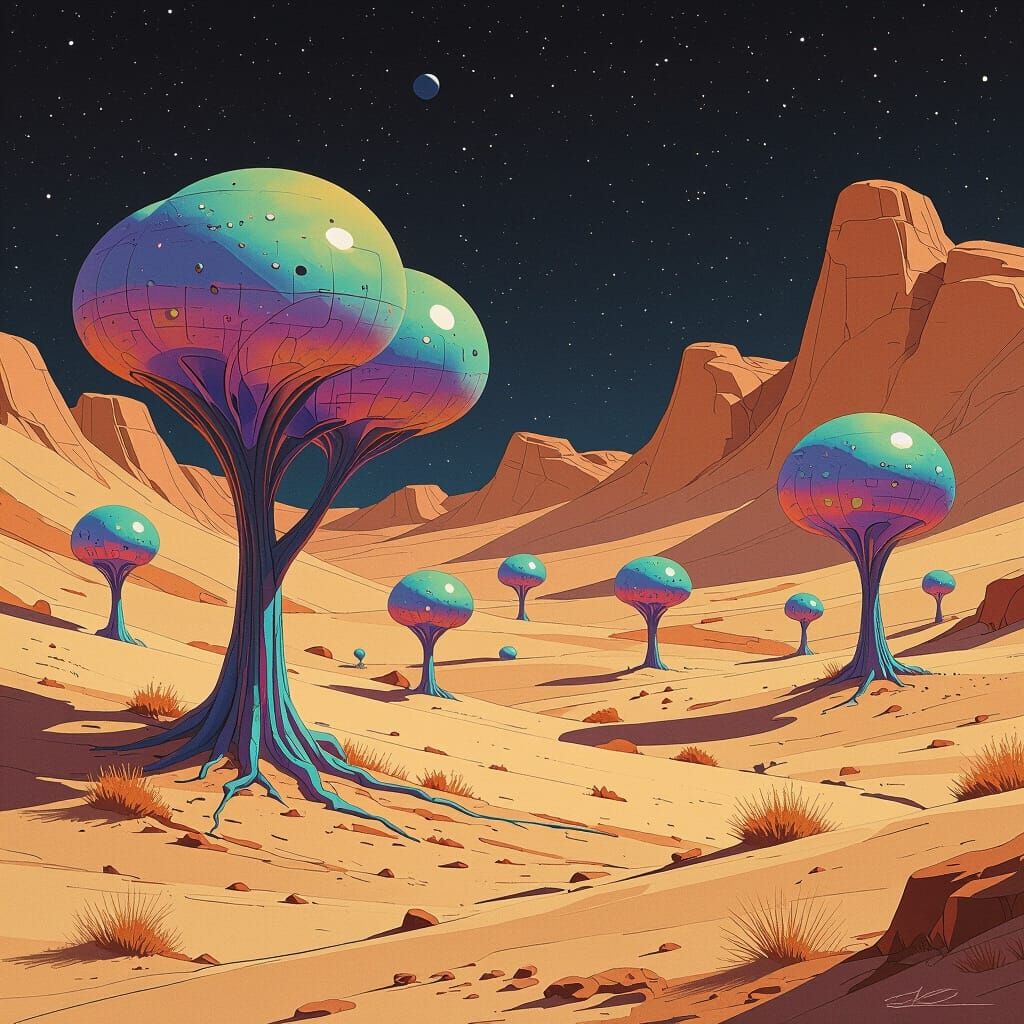 Iridescent Alien Trees in Barren Beige Landscape