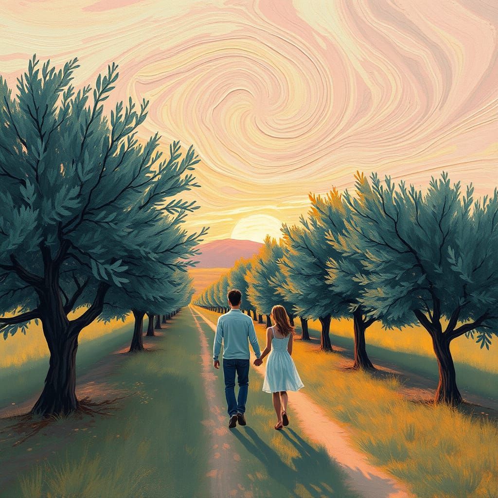 Surreal Olive Grove at Sunset, Whispers of Impressionist Bru...