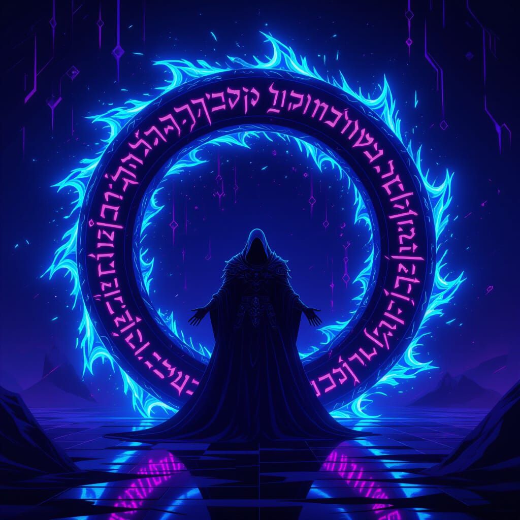 Void-Mana Barrier Surrounds Dark Lord in Synthwave Neon Styl...