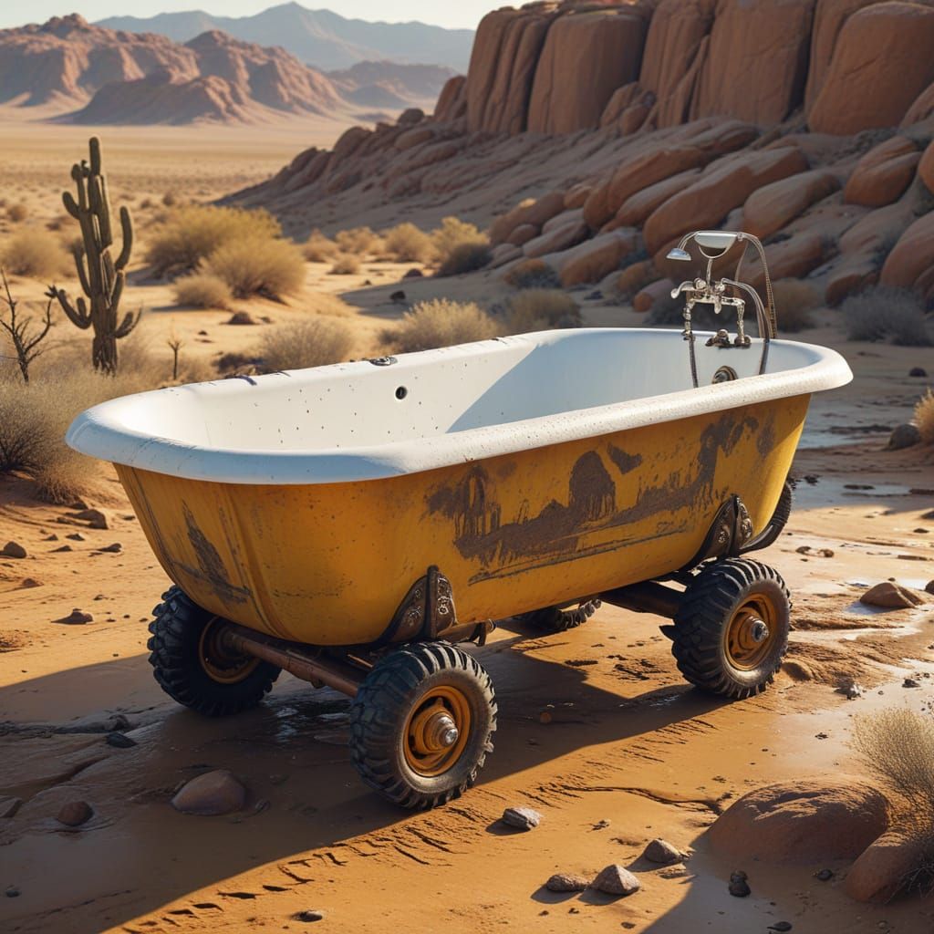 Vintage Porcelain Bathtub Offroader in Golden Desert Landsca...