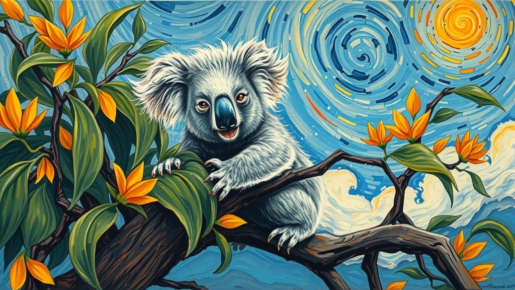 Whimsical Koala in Vibrant Eucalyptus Landscape