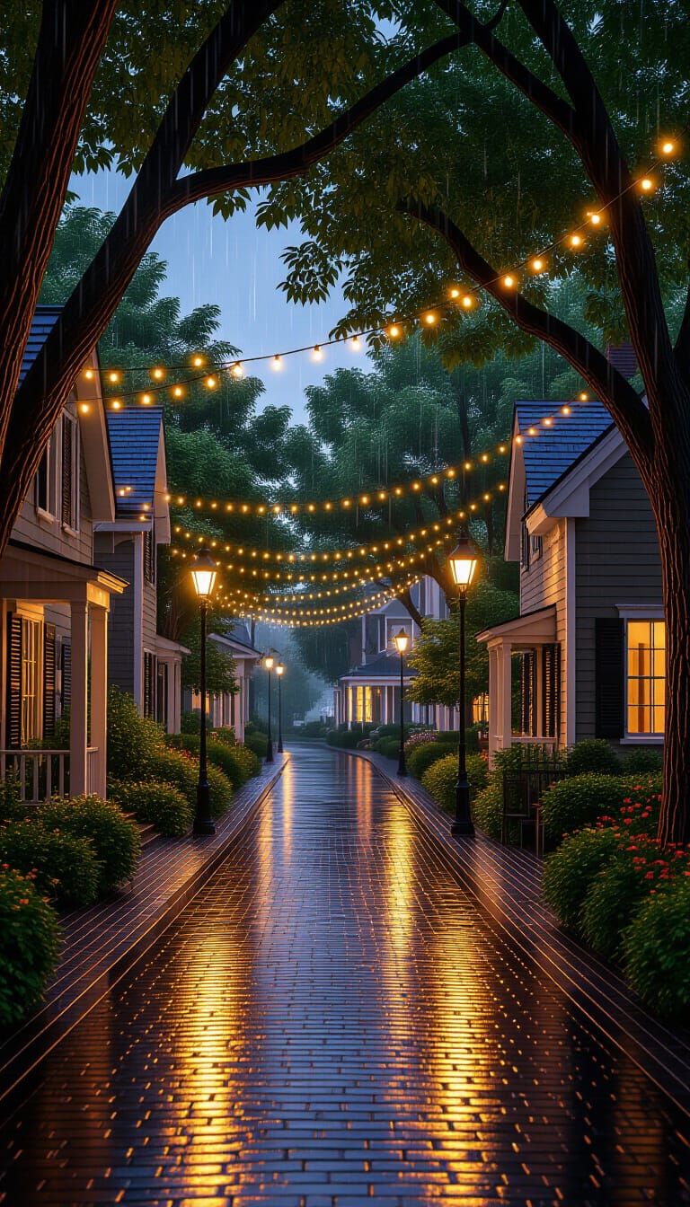 Rainy Country Street with Golden Fairy Lights in Cinematic S...