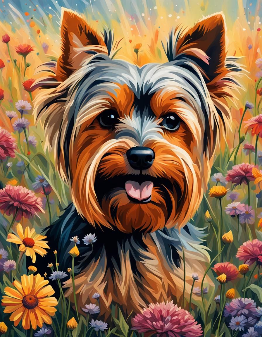 Yorkshire Terrier Portrait in Wildflower Field