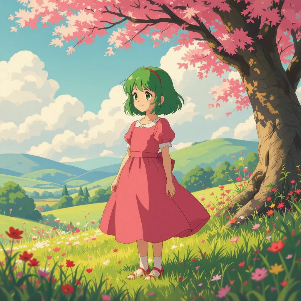 Green Haired Girl in Pink Dress, Ghibli Style
