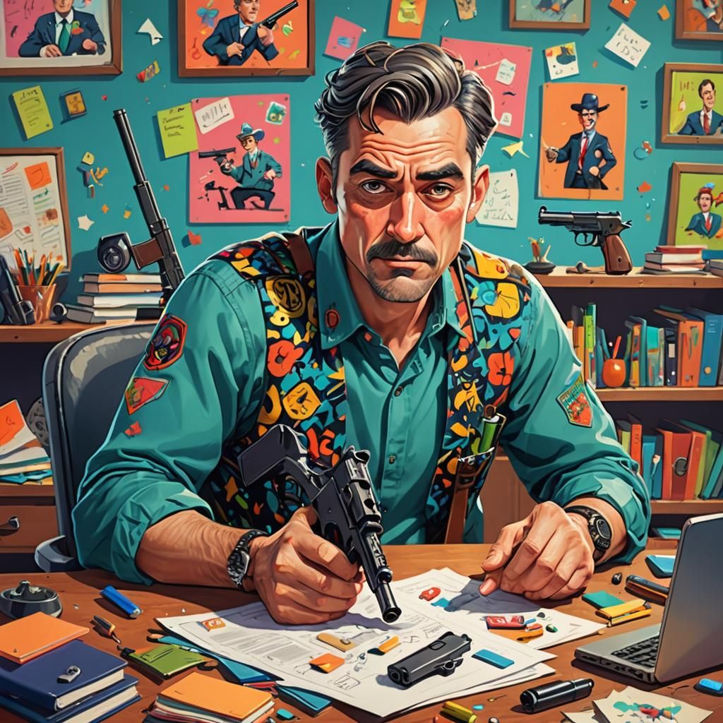 Cartoon Man at Desk with Gun, Whimsical Style