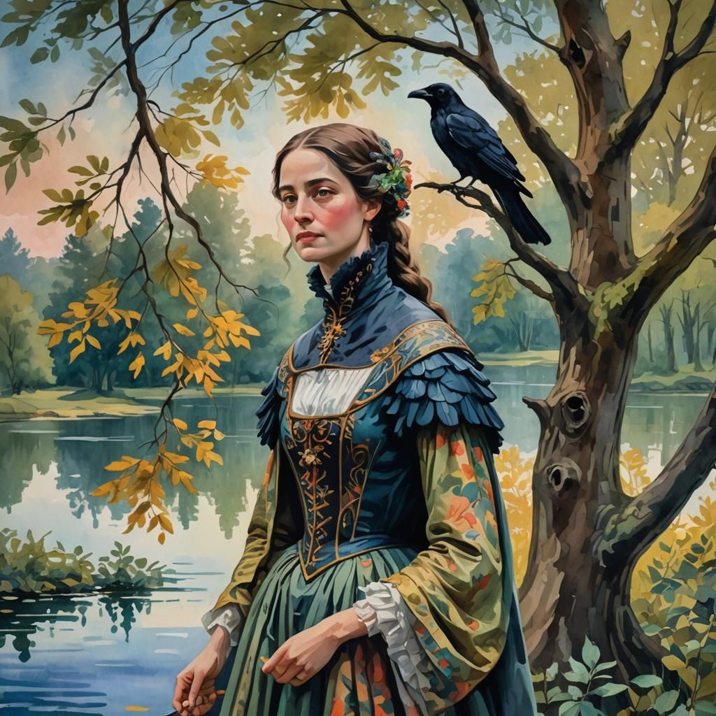 Philosophical Woman Gaining Lakeside Wisdom as Gouache Paint...