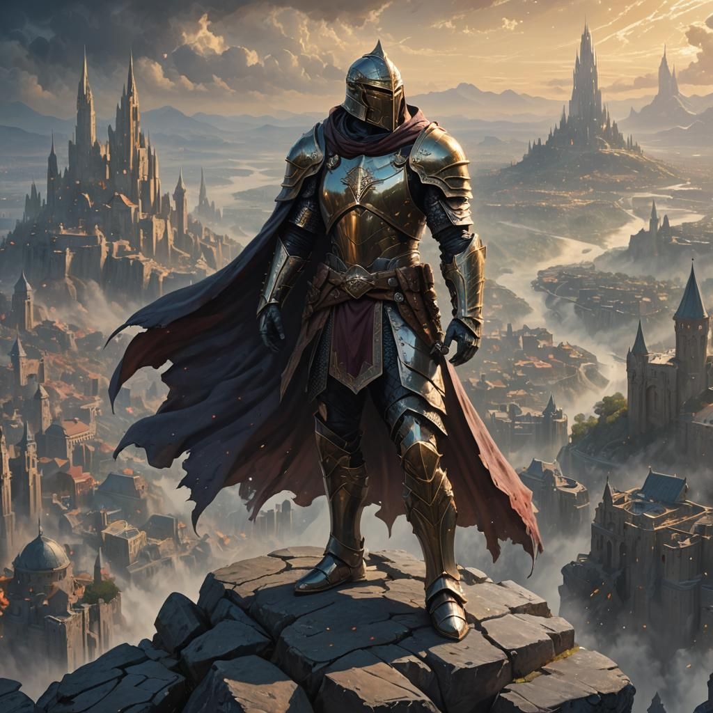 Armored Warrior Overlooking Mystical City in Fantasy Art