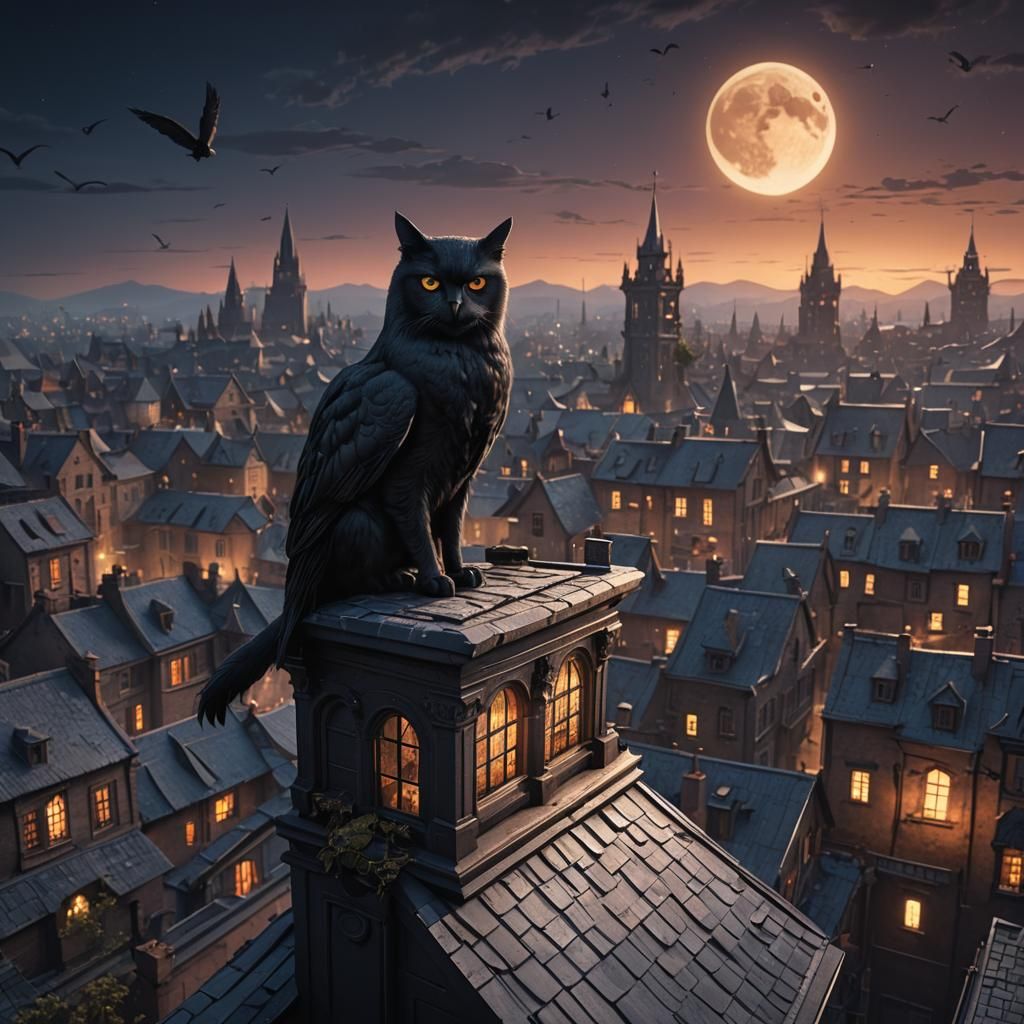 Night Roost: Cat-Owl Hybrid Fantasy Art