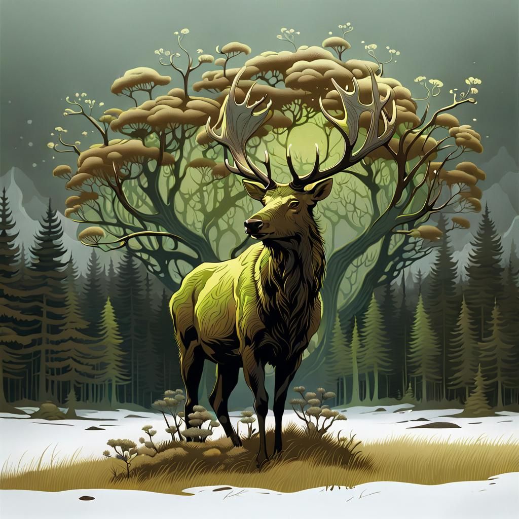 Bleak Art Nouveau Elk in Nature Print
