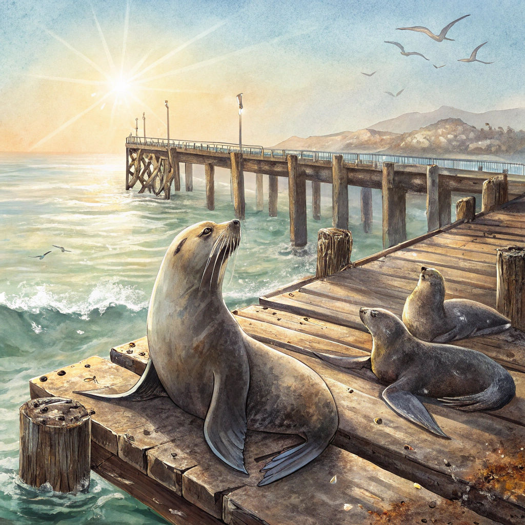 Sealions Basking in Sun: Watercolor Pier Scene