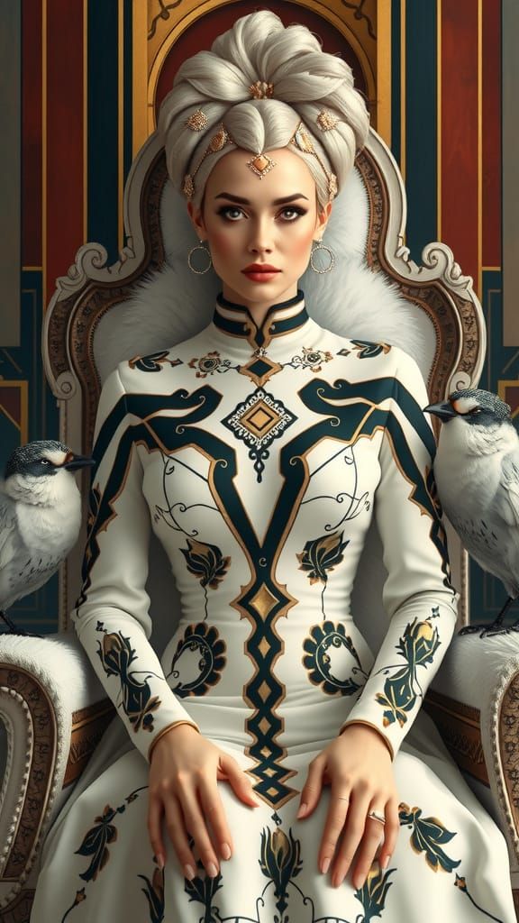 Art Deco Woman on Throne with Elegant Birds