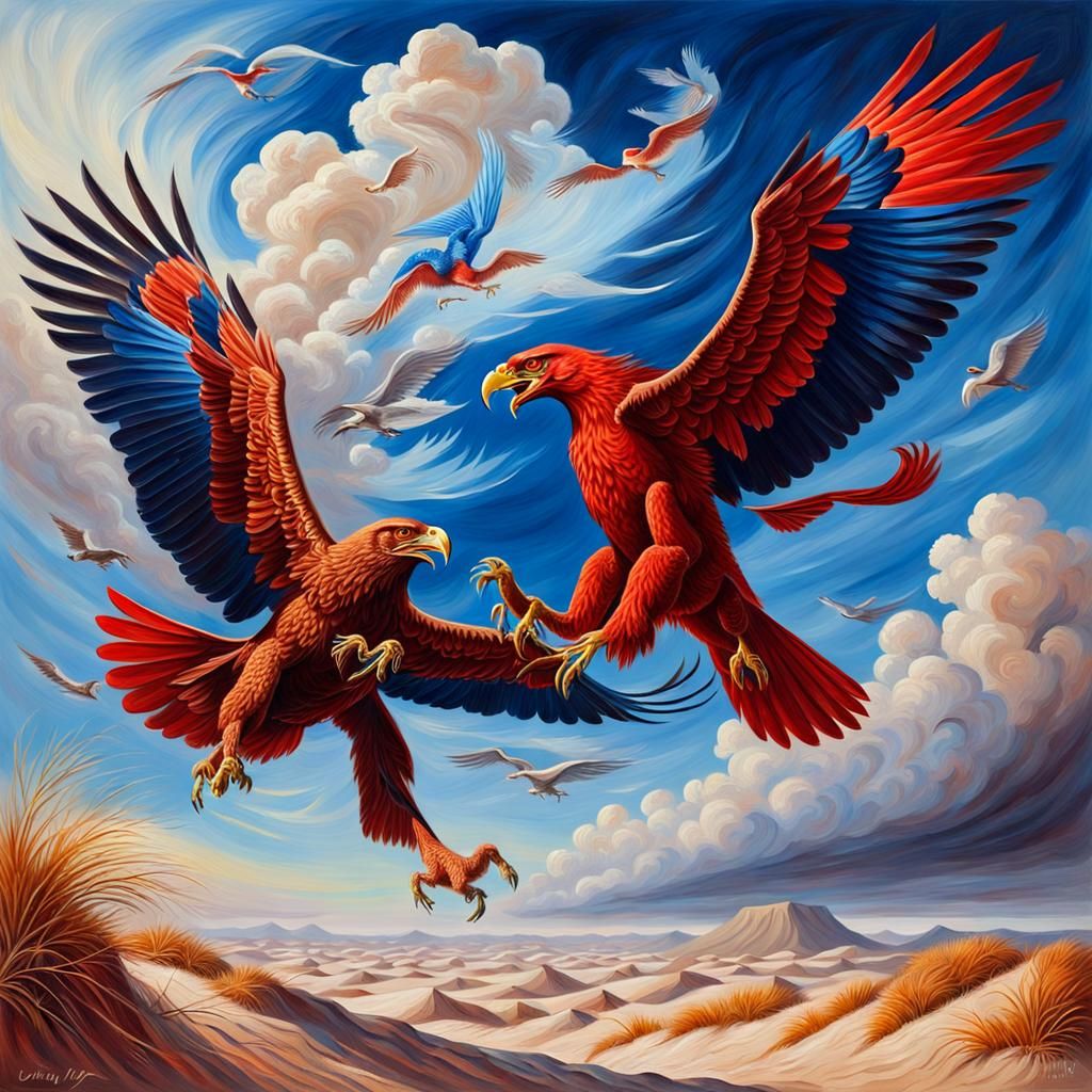Red Eagle and Blue Griffin Oil Painting Battle
