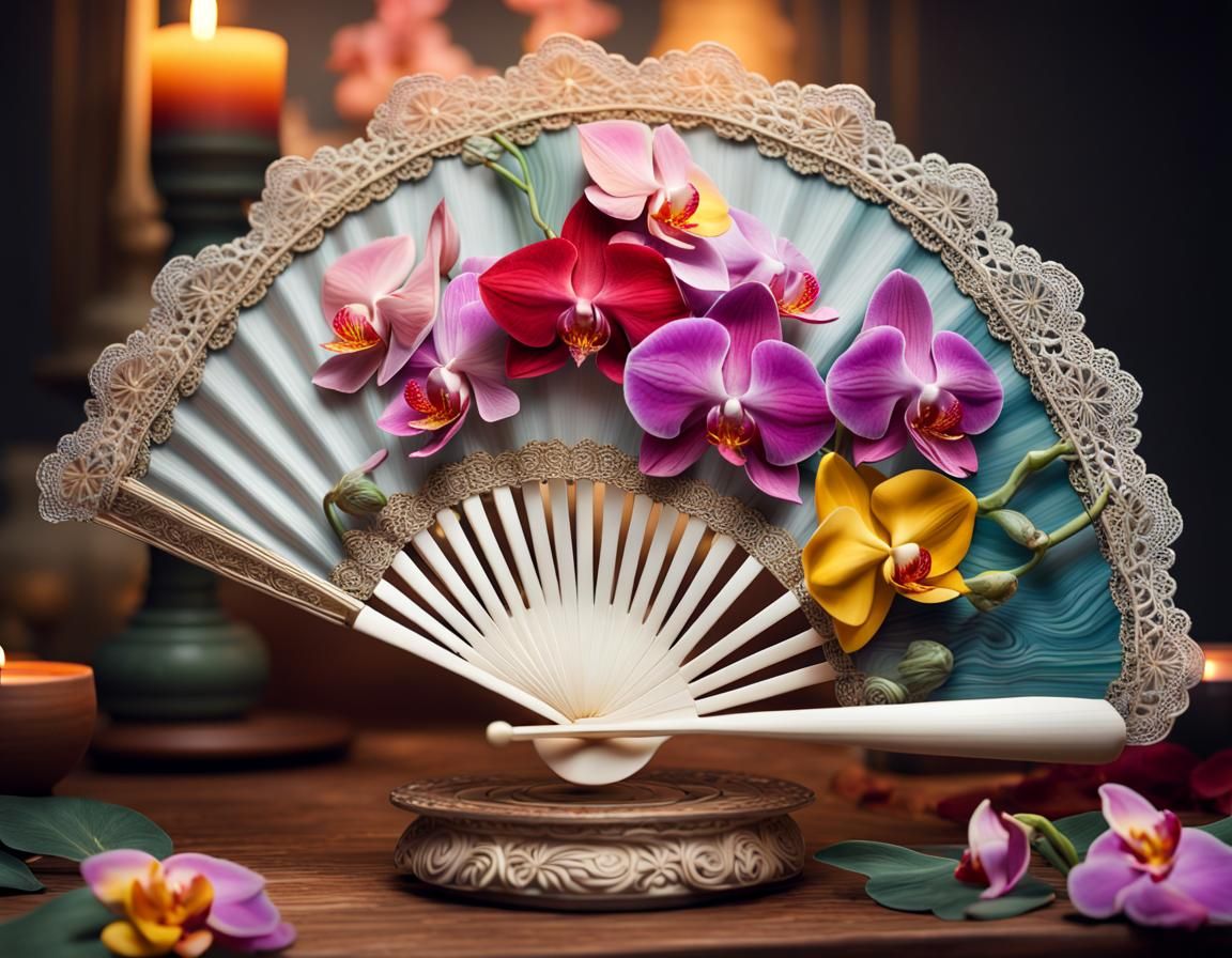 Ornate Fan with Flowers and Candle in High Resolution