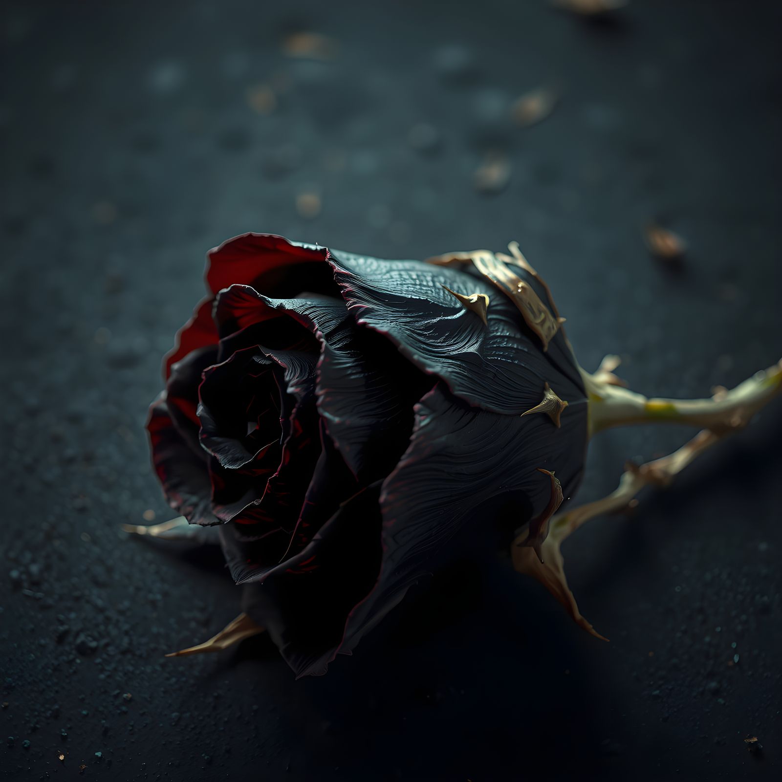 Majestic Black Rose with Intricate Thorns in Deep Fantasy Li...