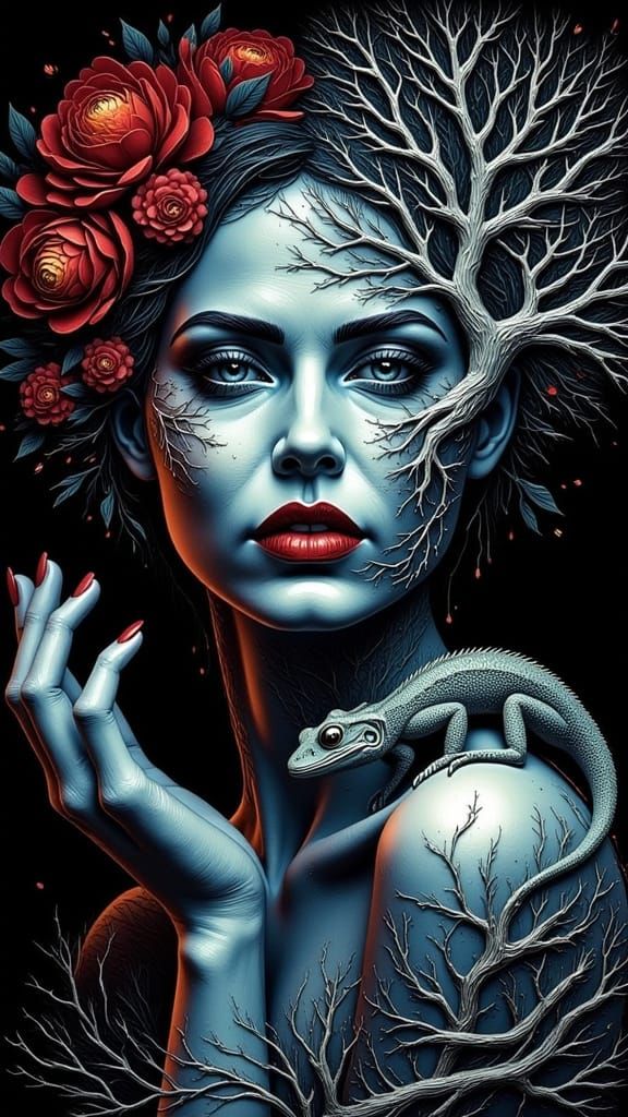 Abstract portrait of a gorgeous woman, flowers on her head, lizard on shoulder, a tree is growing over her face
