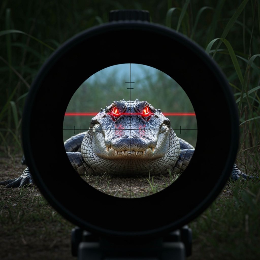 Alligator with Laser Eyes Through Gun Scope