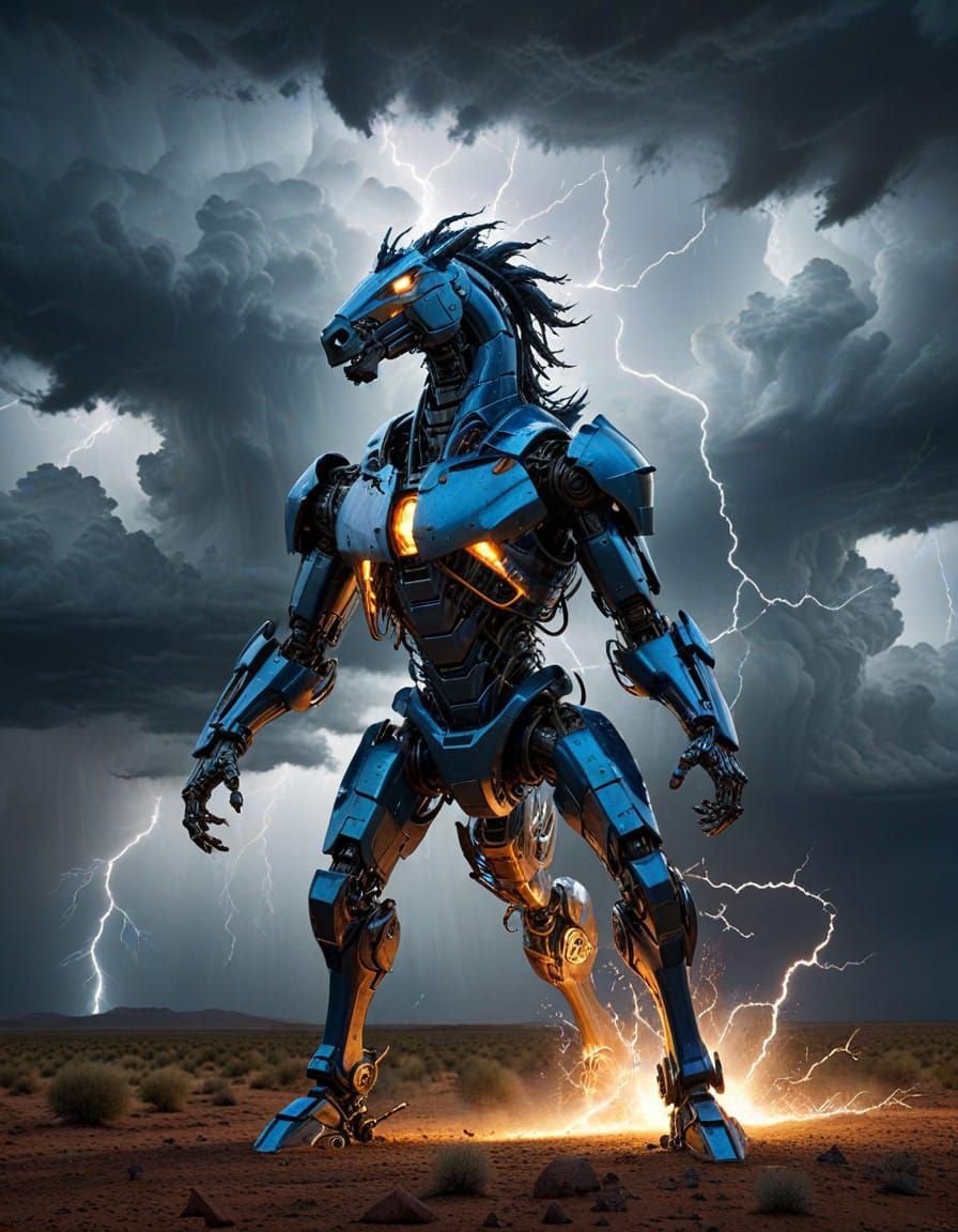 Electric Storm Horses Robot in Vivid Lightning