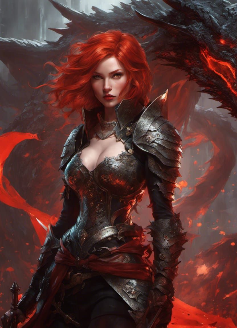 Armored Red-Haired Witch with Dragon Background