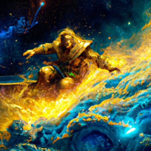 Golden Surfer Rides Nebula Waves in Digital Art