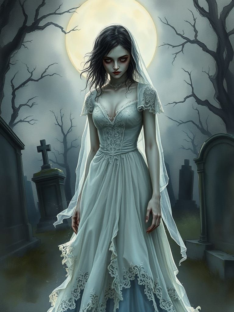 Gothic Watercolor of a Macabre Bride in Moonlit Cemetery