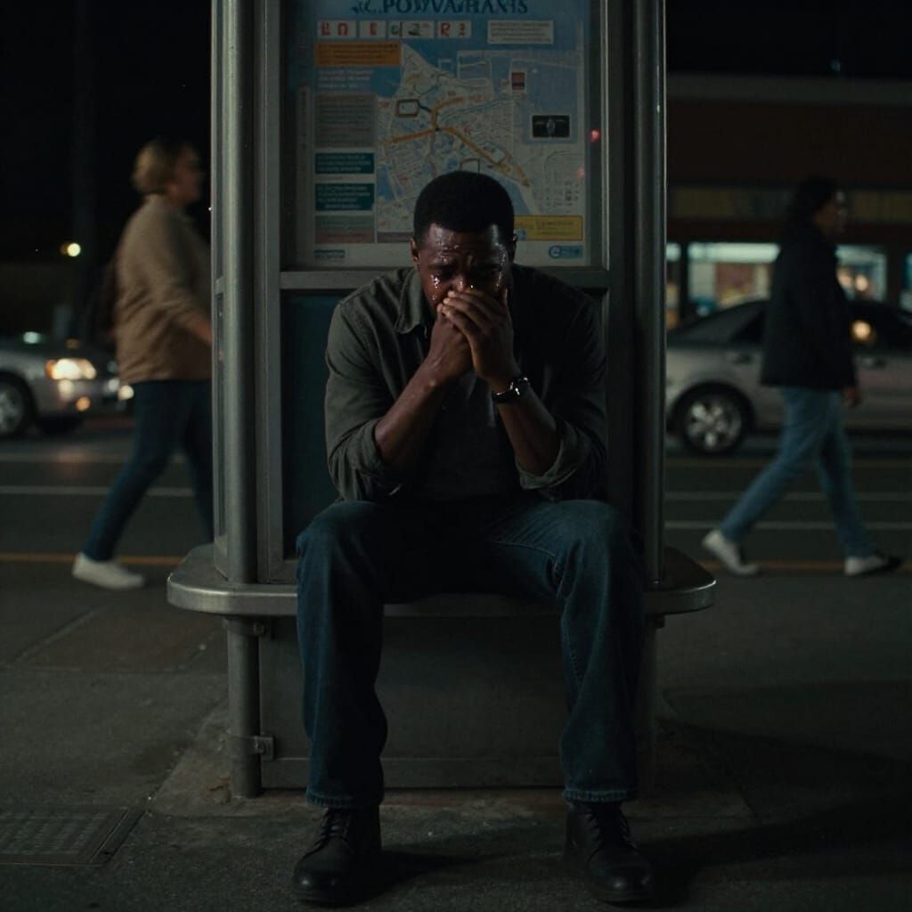Man Weeps Alone on Kiosk at Night in Cinematic Film Still
