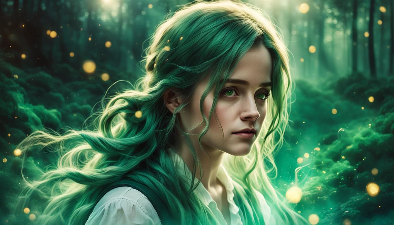 Mystical Forest Portrait of a Green-Haired Woman